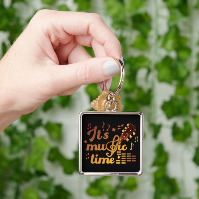 Musiktid, Guld Guitar Musical Fyrkantig Silverfärgad Nyckelring (Hand)