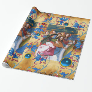 MUSISK ÄNGLAR PARCHMENT,RED BLÅA BLOMMOR,GEMS PRESENTPAPPER