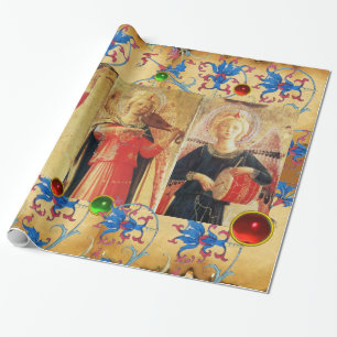 MUSISK ÄNGLAR PARCHMENT,RED BLÅA BLOMMOR,GEMS PRESENTPAPPER