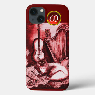 MUSISK KATT MED UGGLA I RÖDA RUBY GEM MONOGRAM