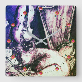 MUSISK KATT MED UGGLA VIOLIN OCH HARP FYRKANTIG KLOCKA