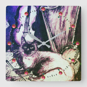 MUSISK KATT MED UGGLA VIOLIN OCH HARP FYRKANTIG KLOCKA