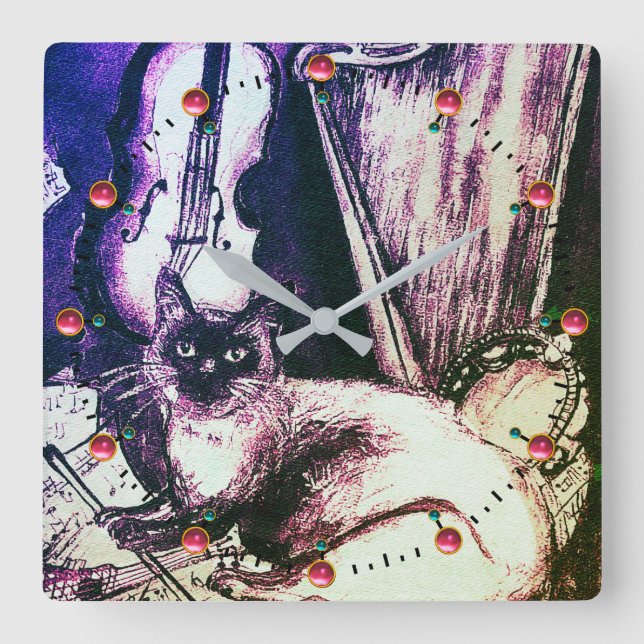 MUSISK KATT MED UGGLA VIOLIN OCH HARP FYRKANTIG KLOCKA (Framsida)