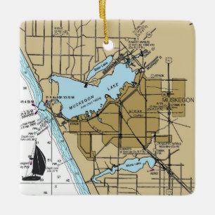 Muskegon MI Nautical Chart Julgransprydnad Keramik