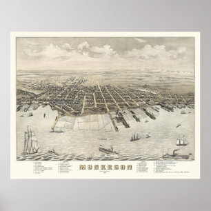 Muskegon, MI Panoramic Karta-1874 Poster