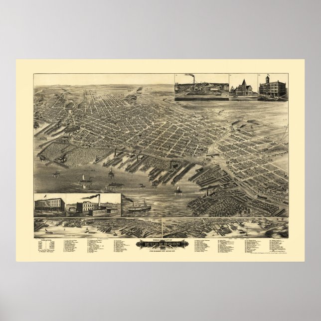 Muskegon, MI Panoramic Karta - 1889 Poster (Framsidan)