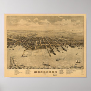 Muskegon Michigan 1874 Antique Panoramic Karta Poster
