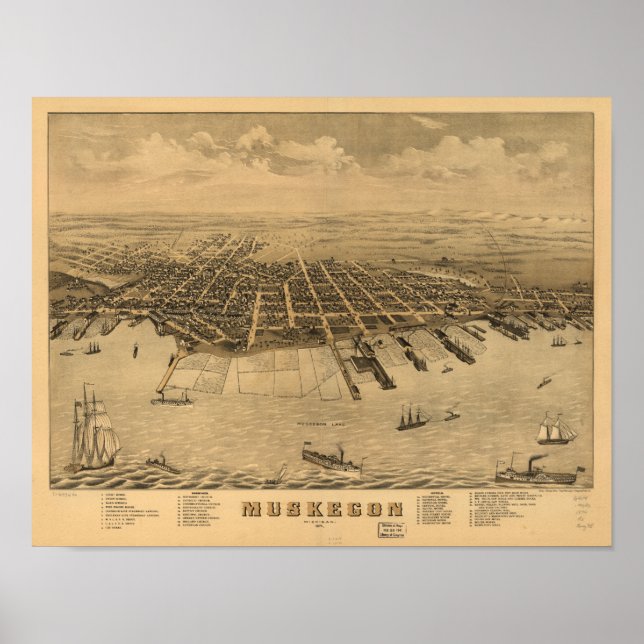 Muskegon Michigan 1874 Antique Panoramic Karta Poster (Framsidan)