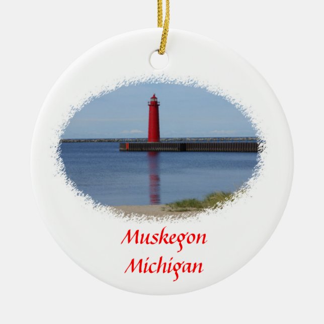 Muskegon Michigan fyr Julgransprydnad Keramik (Framsidan)
