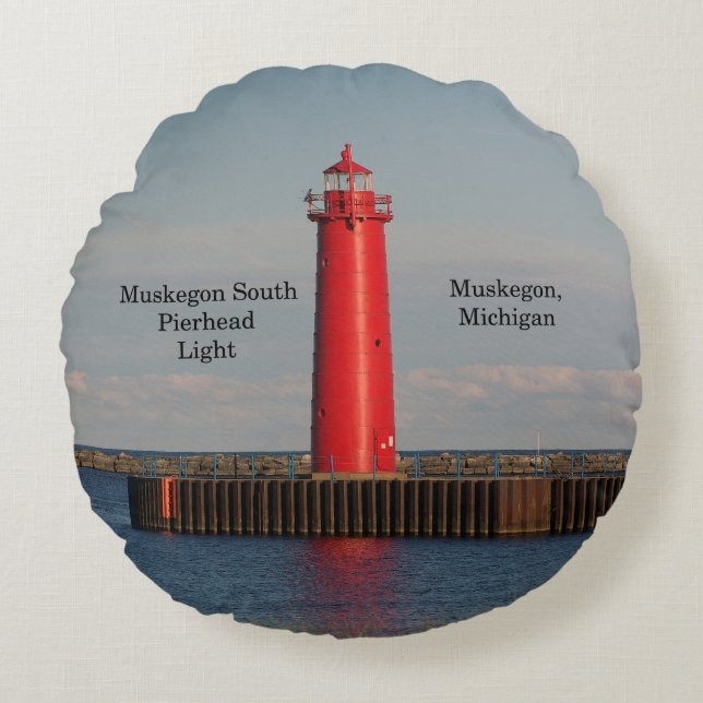 Muskegon South Pierhead Light Round Pot Rund Kudde (Framsidan)