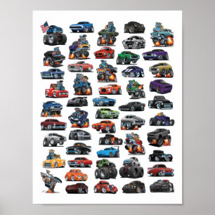 Muskelbilar, klassiska bilar, Lastbilar och en kö Poster