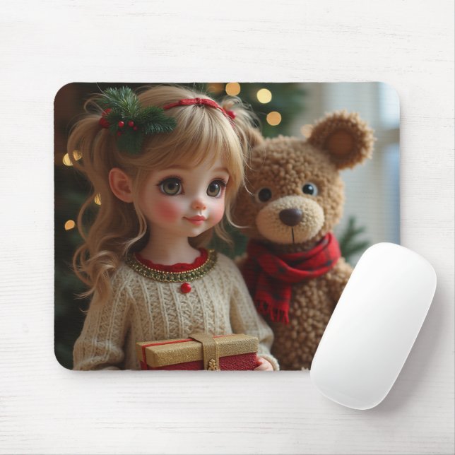 Muskläddra med en söt tjej som får en julklapp musmatta (Med mus)