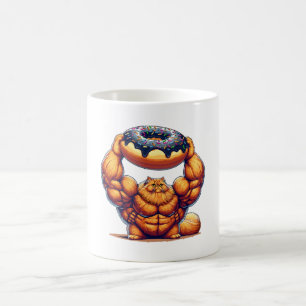 Muskulös katt lyfter munk kaffemugg