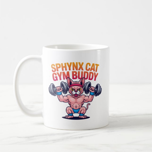 Muskulös Sphynx Katt Gympis Tecknad Kaffemugg (Vänster)