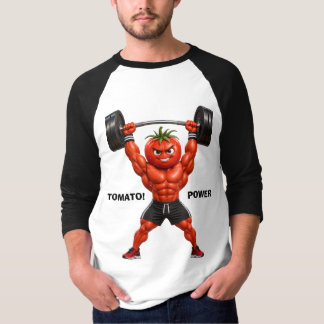 Muskulös tomat kroppsbyggare som lyfter tunga vikt t shirt