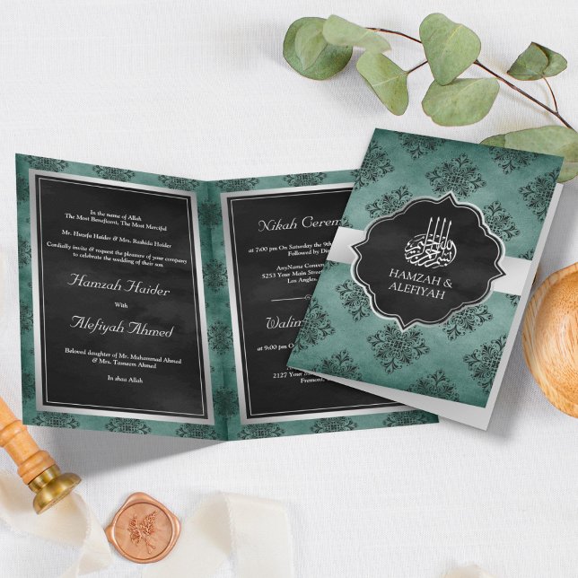 Muslim Bröllop i Rustic Silver Teal Black Damask Inbjudan (Skapare uppladdad)