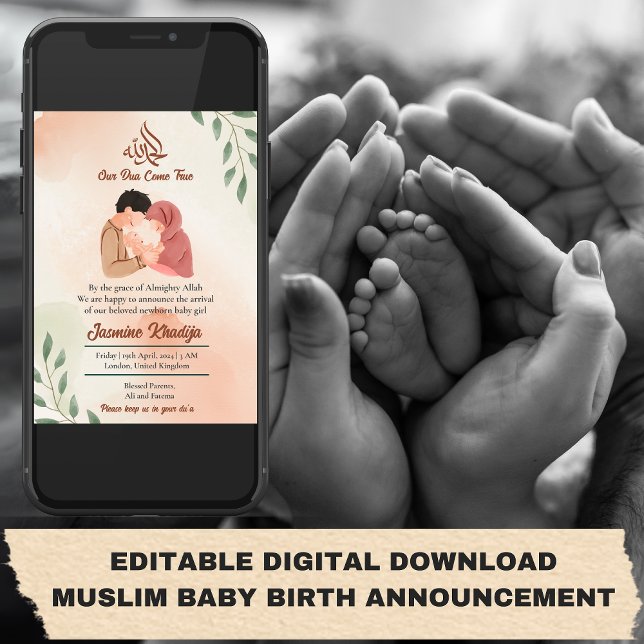 Muslim Flicka Birth Notice New Parent Inbjudningar (EDITABLE DIGITAL DOWNLOAD MUSLIM BABY BIRTH ANNOUNCEMENT
Muslim Baby Girl Birth Announcement New Pa)