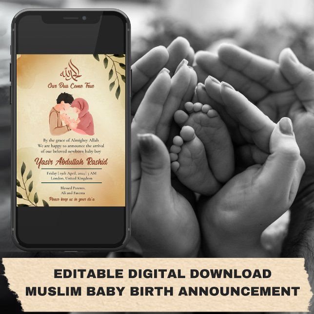 Muslim Pojke Birth Notice New Parent Inbjudningar (editable digital download birth announcement Muslim Baby Boy Birth Announcement New Parent)