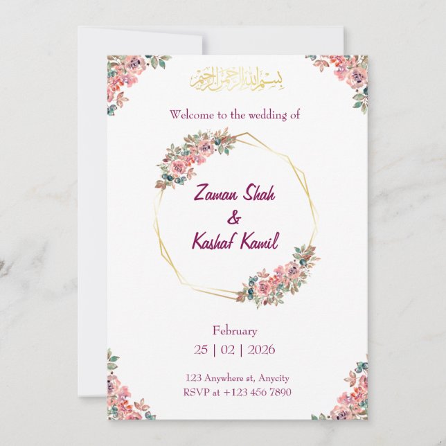 Muslim wedding invitation Floral Nikkah invitation Inbjudningar (Framsida)