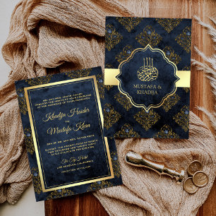 Muslimsk Guld-marinblå Damask Bröllop Inbjudningar