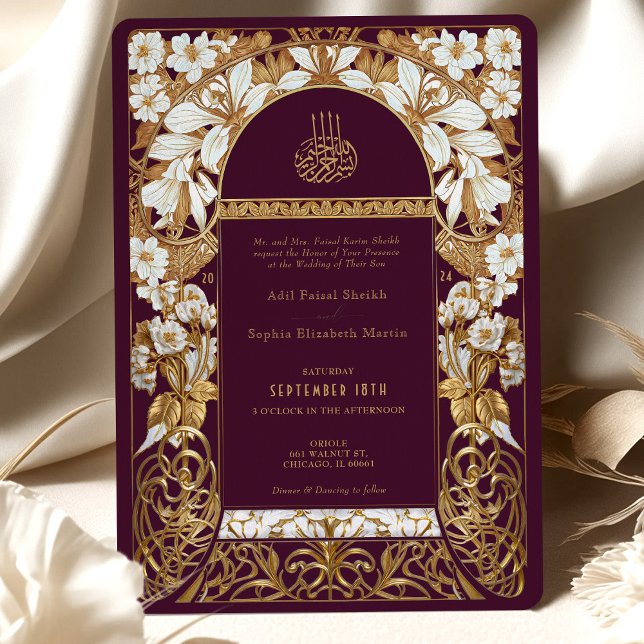Muslimsk plum Burgundy Islamic Bröllop Antique Gul Inbjudningar (Skapare uppladdad)