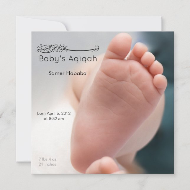 Muslimska baby fotfötter aqiqah-födelseinbjudan inbjudningar (Framsida)