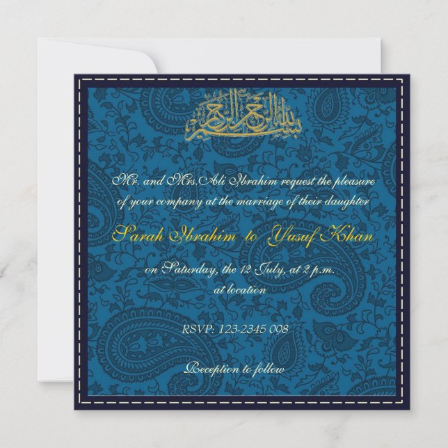 Muslimska bröllop, blå Damask Inbjudningar (Framsida)