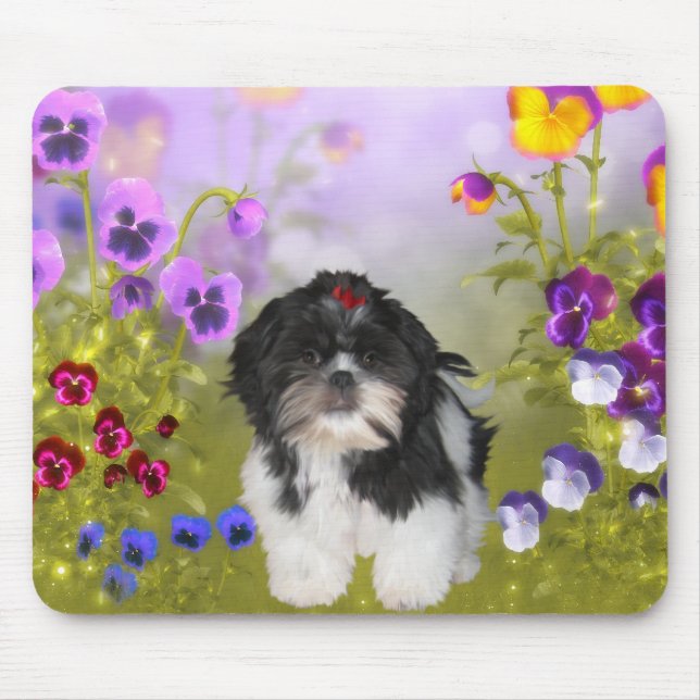 Musmattshund Shih Tzu På Färgade Blommor Musmatta (Framsidan)