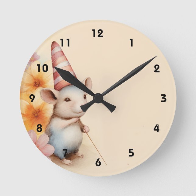 Musse med strimmig hatt rosa av orange rund klocka (Framsida)