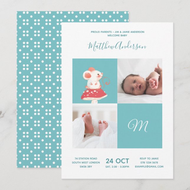 Musse Råtta ・ Alfabet Monogram Cute Baby Shower Inbjudningar (Fram/baksida)