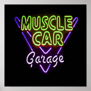 Mussla Car Garage Neon Signalblått Grönt Poster
