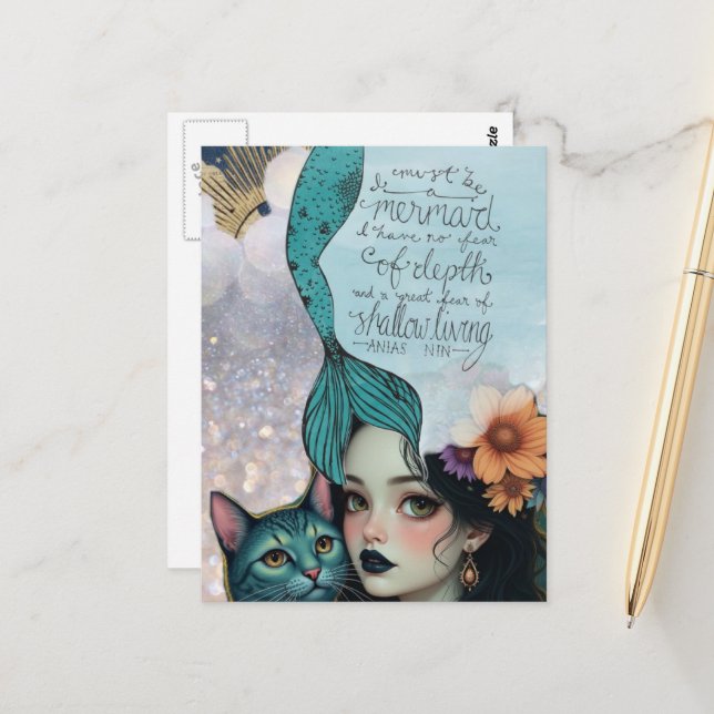 Must Be a Mermaid Mixed Media Collage Vykort (Fram/Back In Situ)