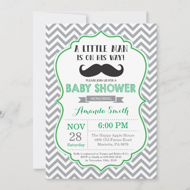 Mustache Baby Shower-Grönt och Grått Inbjudningar (Framsida)