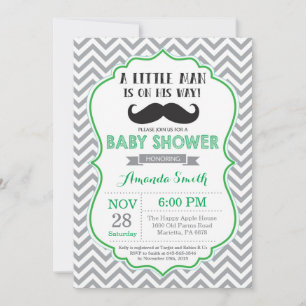 Mustache Baby Shower-Grönt och Grått Inbjudningar