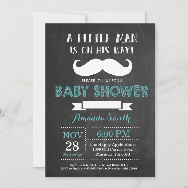 Mustache Baby Shower-inbjudan Aqua och Grått Inbjudningar (Framsida)