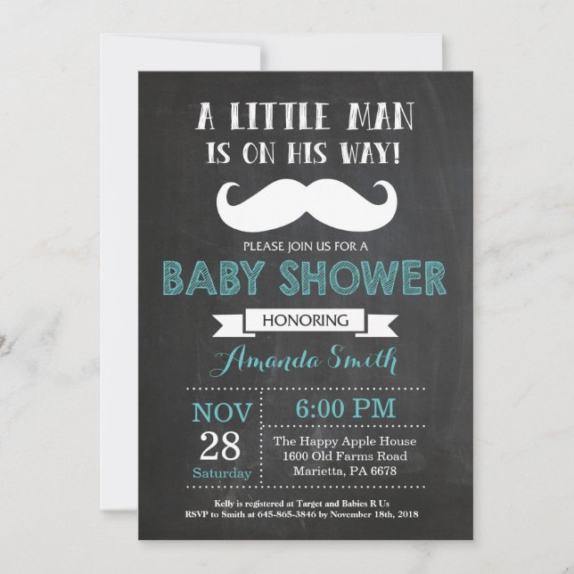 Mustache Baby Shower-inbjudan Aqua och Grått Inbjudningar (Framsida)