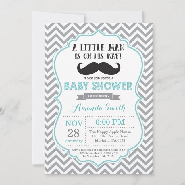 Mustache Baby Shower-inbjudan Aqua och Grått Inbjudningar (Framsida)