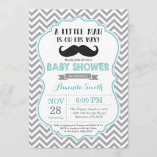 Mustache Baby Shower-inbjudan Aqua och Grått Inbjudningar