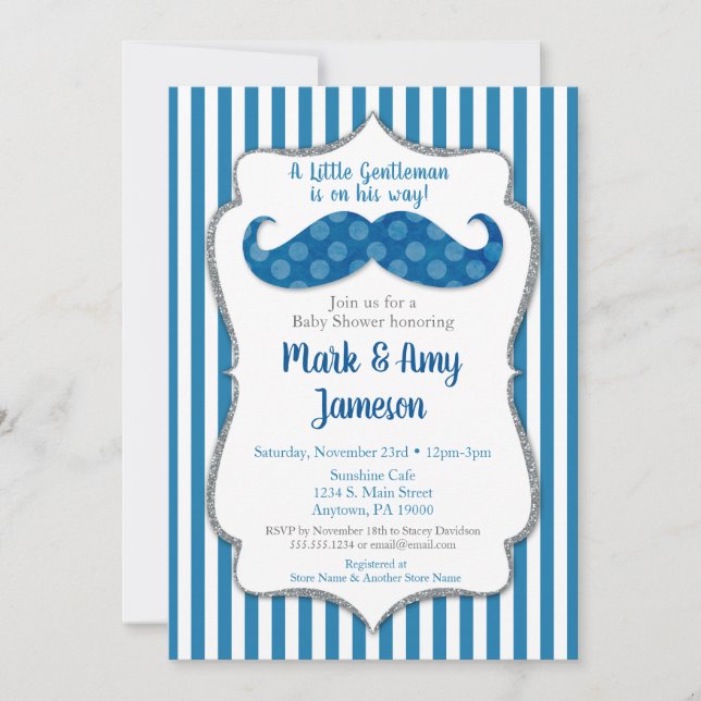 Mustache Baby Shower-inbjudan Blue Rand Inbjudningar (Framsida)