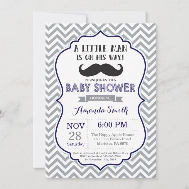 Mustache Baby Shower Inbjudan, flottblått och Gråt Inbjudningar (Framsida)