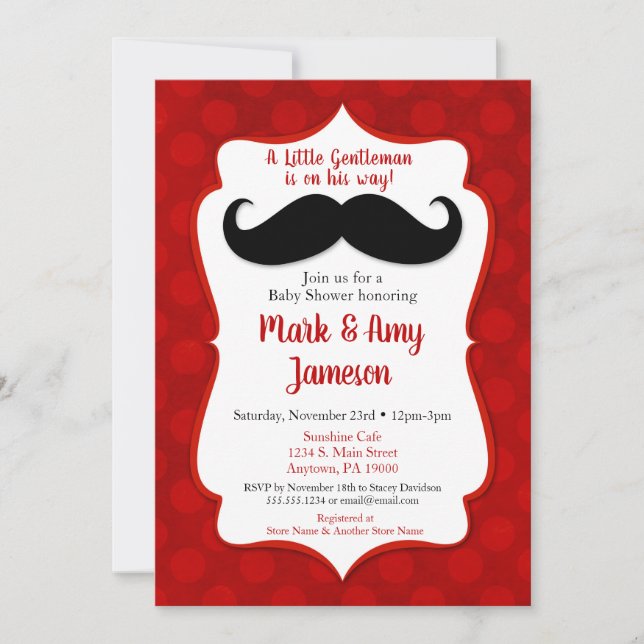 Mustache Baby Shower-inbjudan Little Man Red Inbjudningar (Framsida)