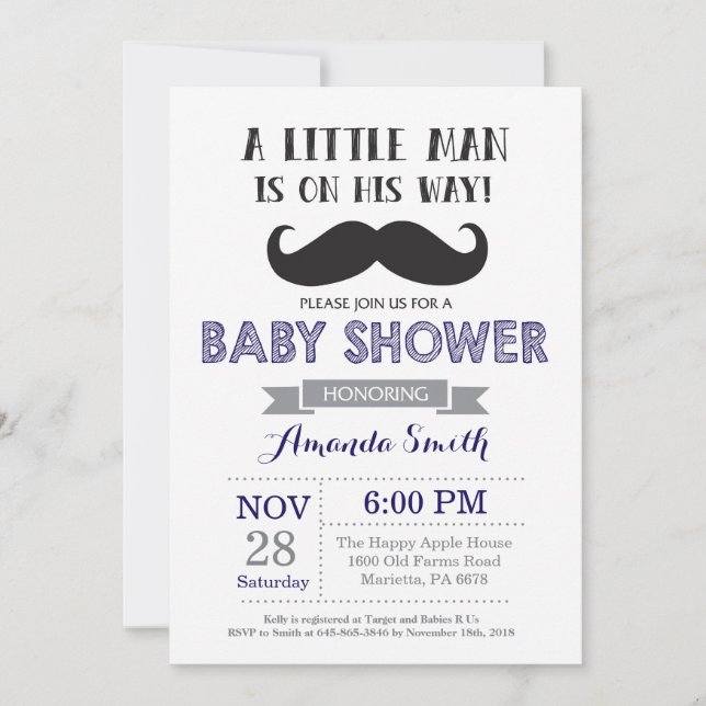 Mustache Baby Shower-inbjudan, marinblått och Gråt Inbjudningar (Framsida)