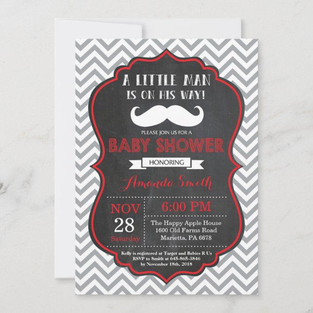 Mustache Baby Shower Inbjudan Red och Grått (Framsida)