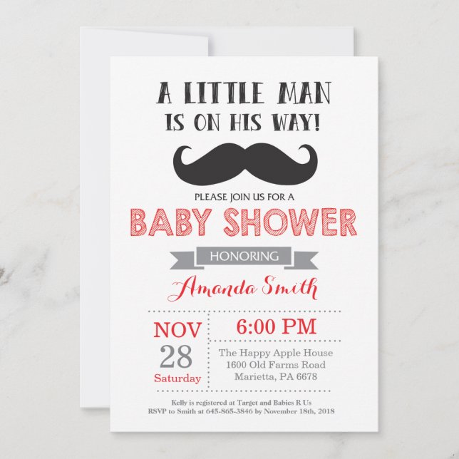Mustache Baby Shower-inbjudan Red och Grått Inbjudningar (Framsida)