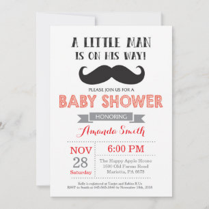 Mustache Baby Shower-inbjudan Red och Grått Inbjudningar