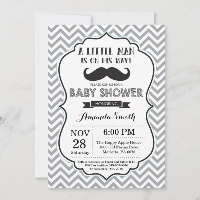 Mustache Baby Shower-inbjudan, svart och Grått Inbjudningar (Framsida)