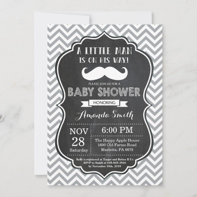 Mustache Baby Shower-inbjudan, svart och Grått Inbjudningar (Framsida)