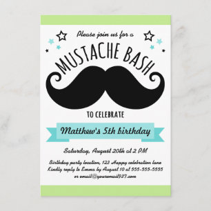 Mustache basa födelsedagsfest lime green aqua blue inbjudningar