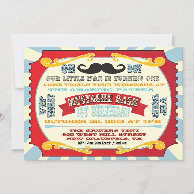Mustache Bash Biljett Birthday-inbjudan Inbjudningar (Framsida)