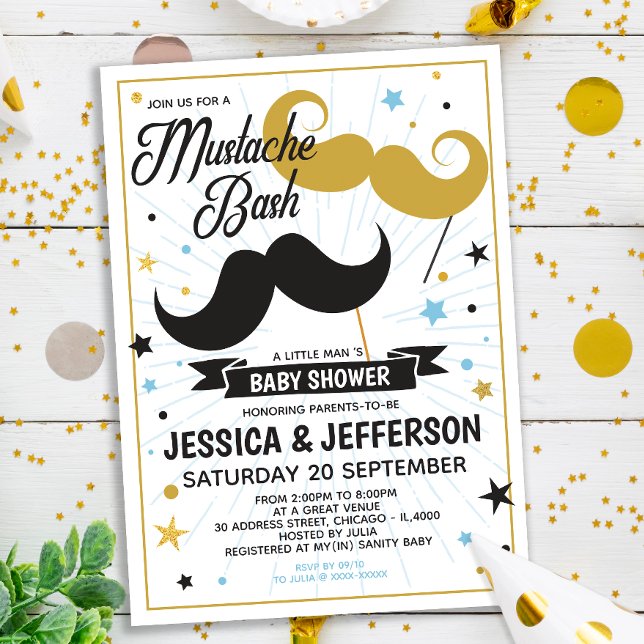Mustache Bash Boy Baby Faux Glitter Shower Inbjudningar (Skapare uppladdad)
